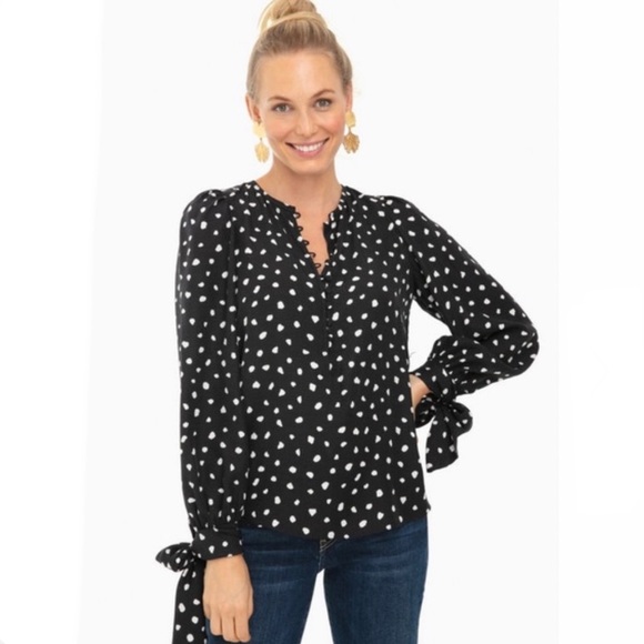 Rebecca Taylor Black Polka Dot Long Sleeve Tie Top Sz 4 or Small - Picture 2 of 11